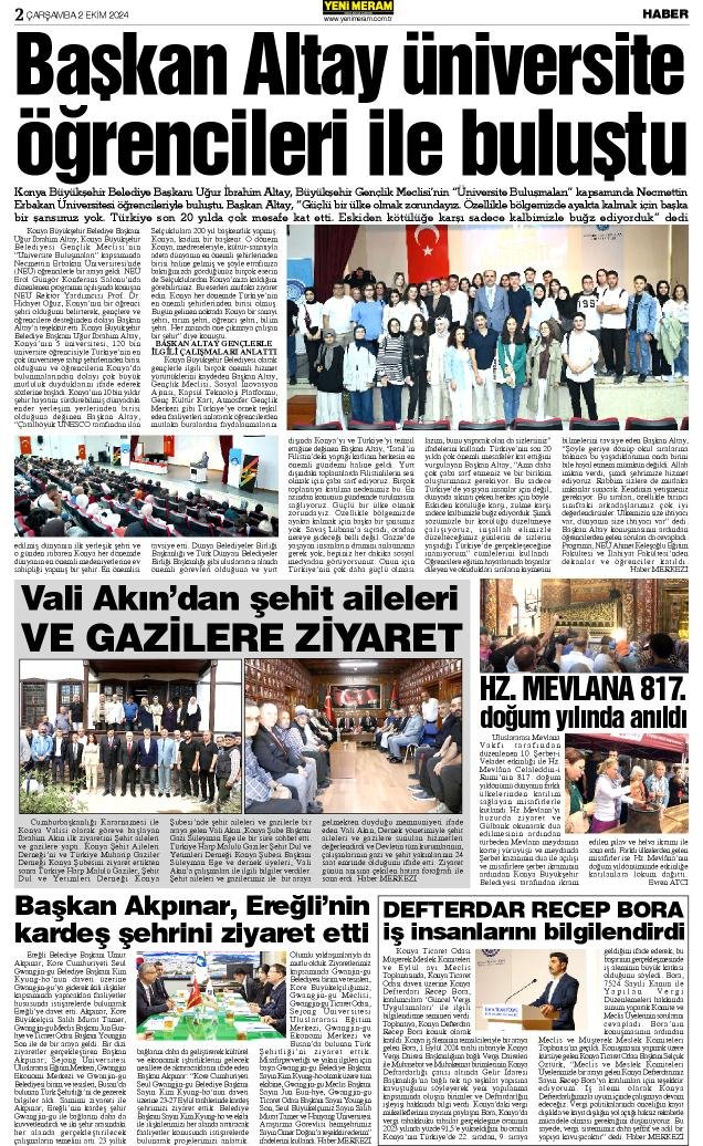 2 Ekim 2024 Yeni Meram Gazetesi
