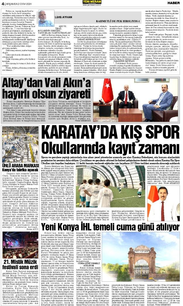 2 Ekim 2024 Yeni Meram Gazetesi
