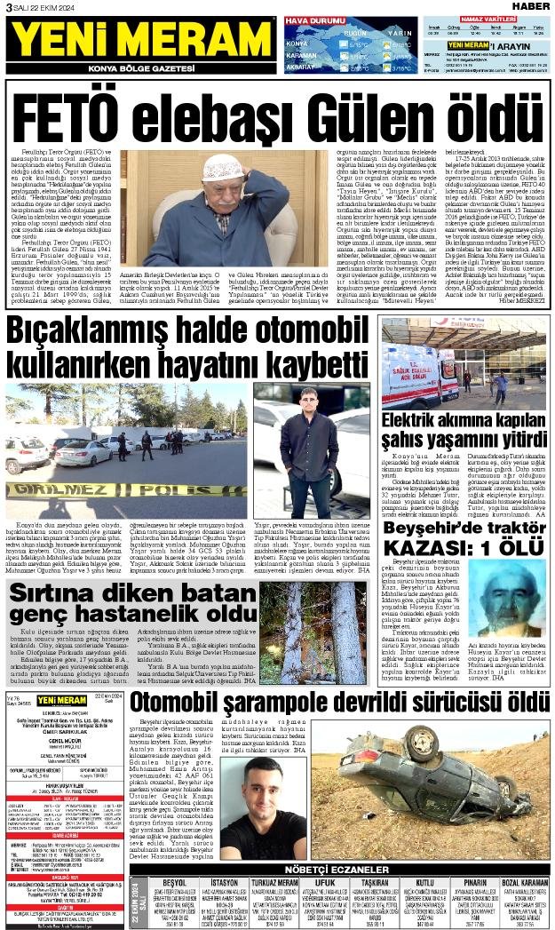 22 Ekim 2024 Yeni Meram Gazetesi