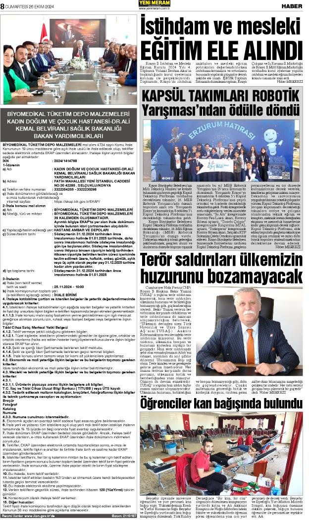 26 Ekim 2024 Yeni Meram Gazetesi