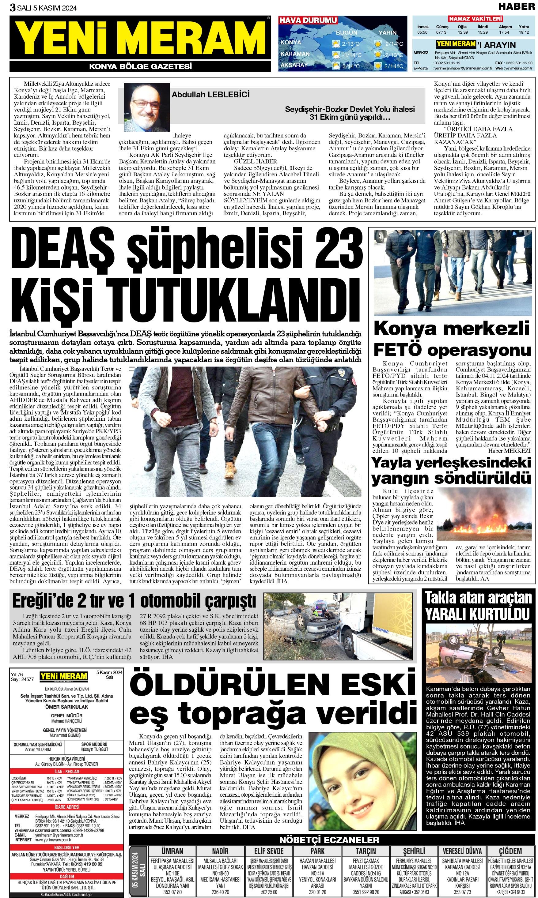 5 Kasım 2024 Yeni Meram Gazetesi
