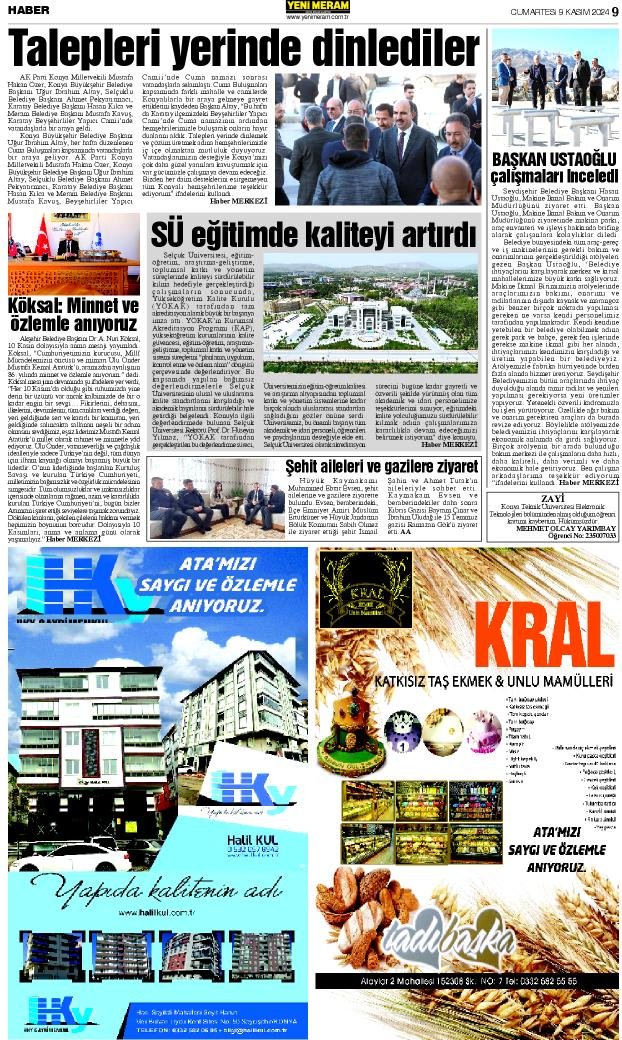 9 Kasım 2024 Yeni Meram Gazetesi