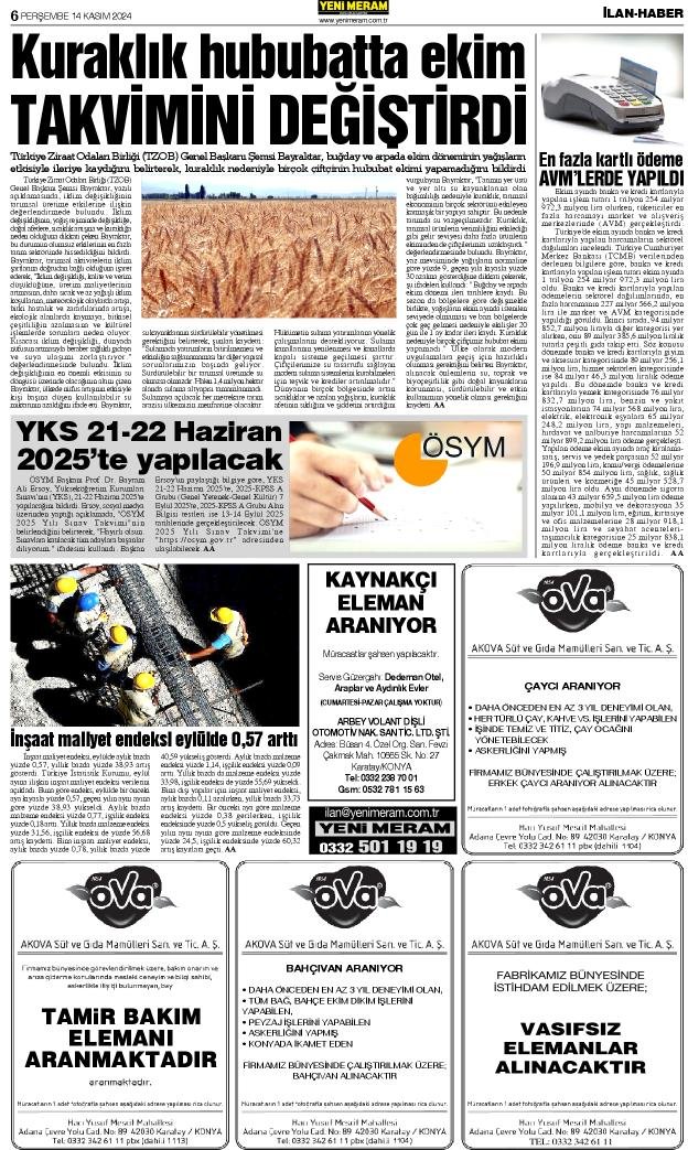 14 Kasım 2024 Yeni Meram Gazetesi
