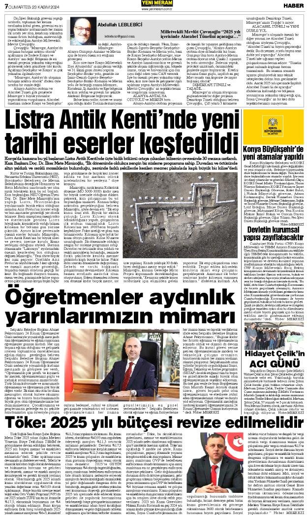 23 Kasım 2024 Yeni Meram Gazetesi