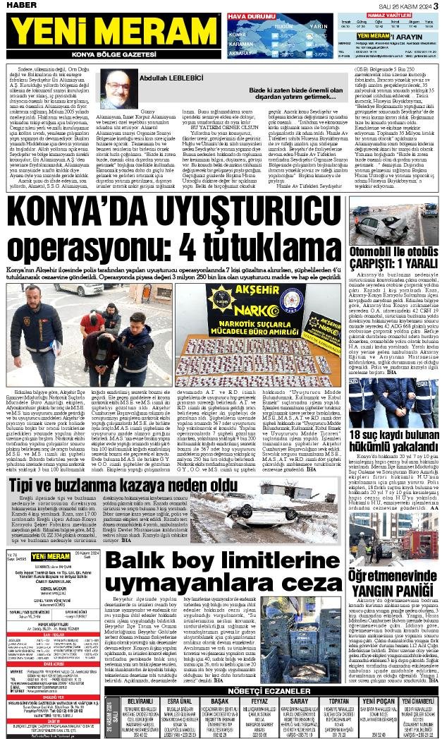 26 Kasım 2024 Yeni Meram Gazetesi
