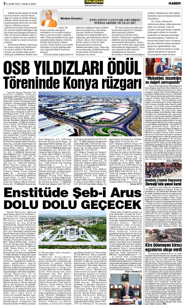 7 Aralık 2024 Yeni Meram Gazetesi