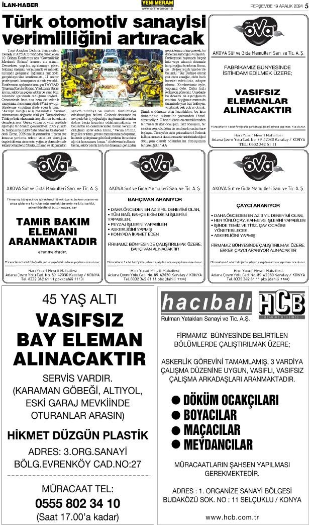 19 Aralık 2024 Yeni Meram Gazetesi
