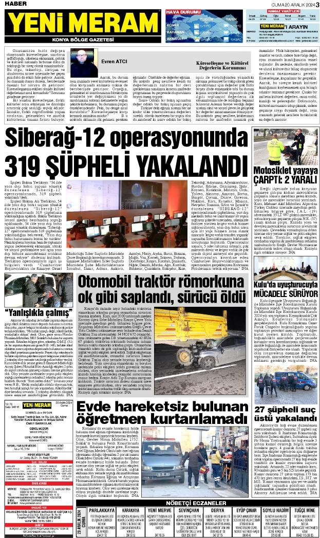 20 Aralık 2024 Yeni Meram Gazetesi
