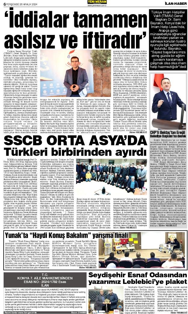 26 Aralık 2024 Yeni Meram Gazetesi
