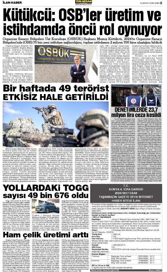 3 Ocak 2025 Yeni Meram Gazetesi
